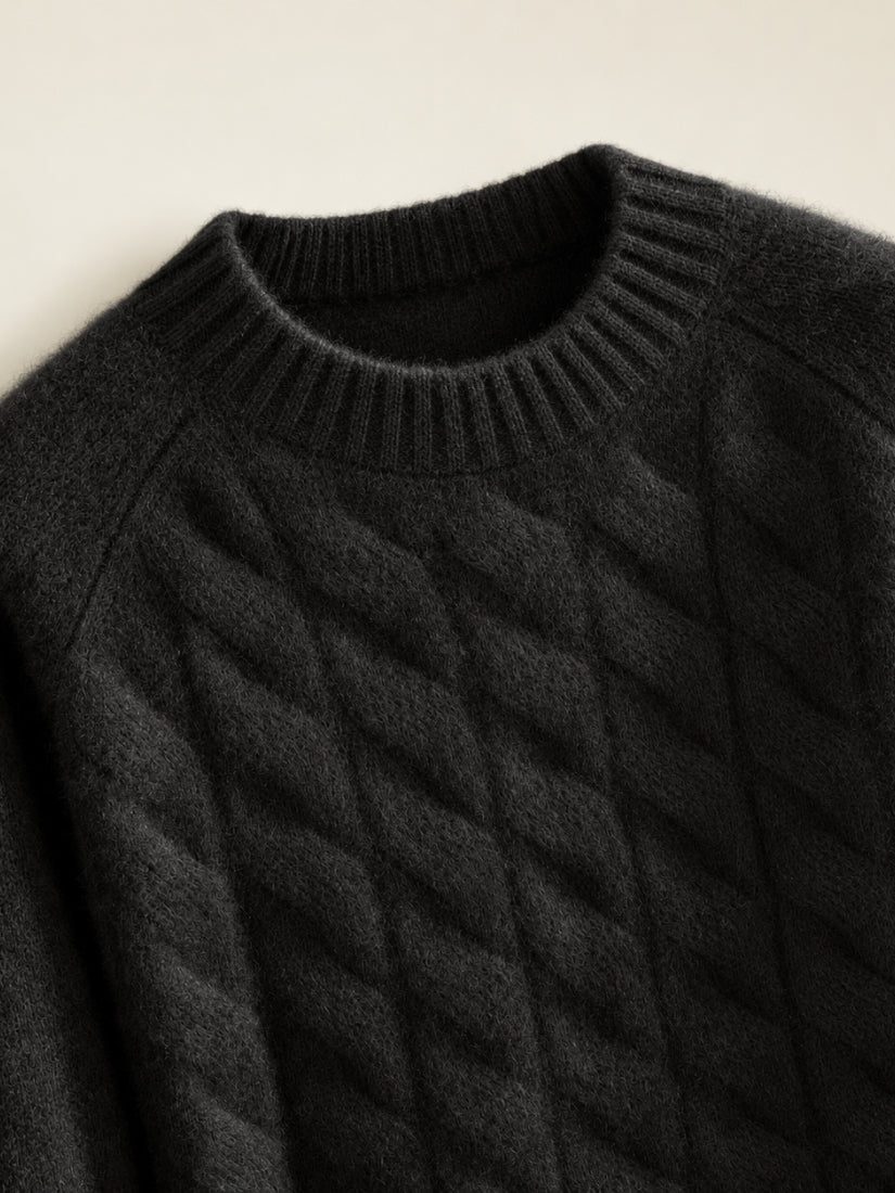 Odrien — Black Cable-Knit Crewneck Cashmere Sweater | The Cashmere Studio