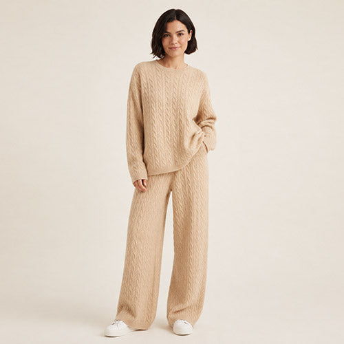 Amirelle — Beige Cable-Knit Cashmere Set | The Cashmere Studio