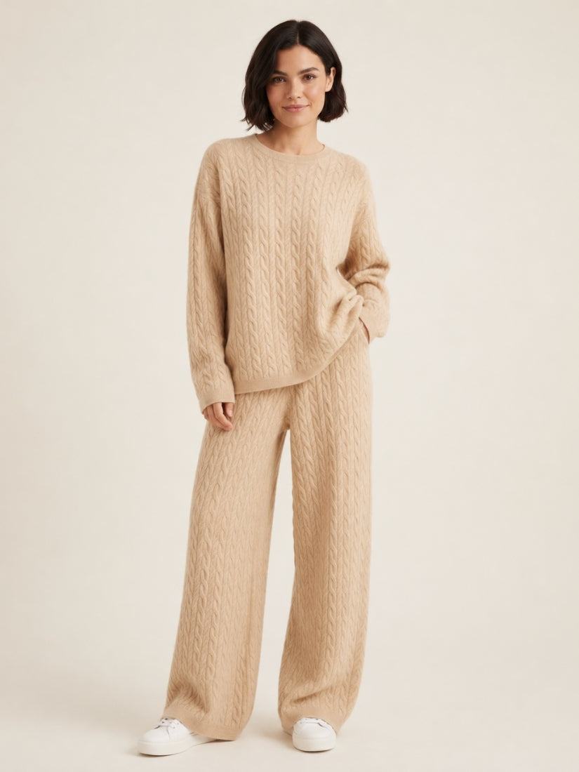 Amirelle — Beige Cable-Knit Cashmere Set | The Cashmere Studio
