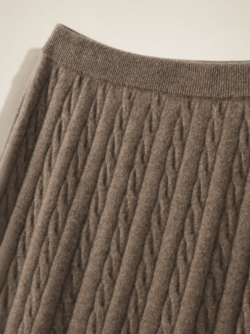 Audenya - Taupe Cashmere Cable-Knit Skirt Detail | The Cashmere Studio
