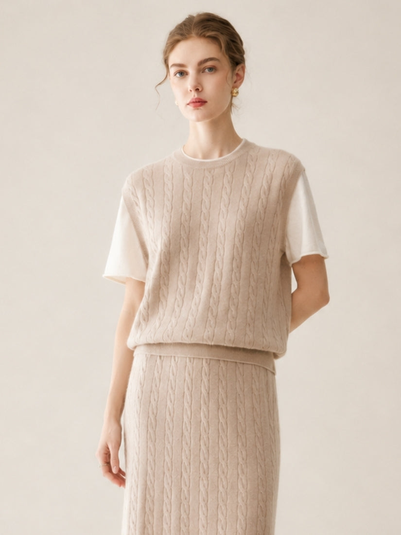 Audenya - Beige Cashmere Cable-Knit Top | The Cashmere Studio