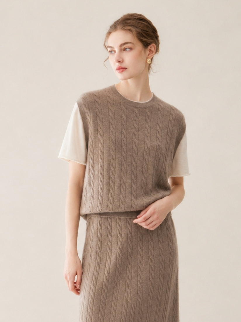 Audenya - Taupe Cashmere Cable-Knit Top | The Cashmere Studio
