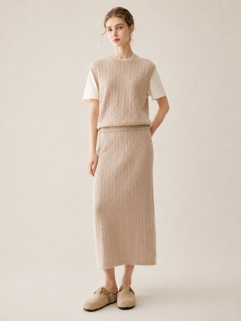 Audenya - Light Camel Cashmere Cable-Knit Set | The Cashmere Studio