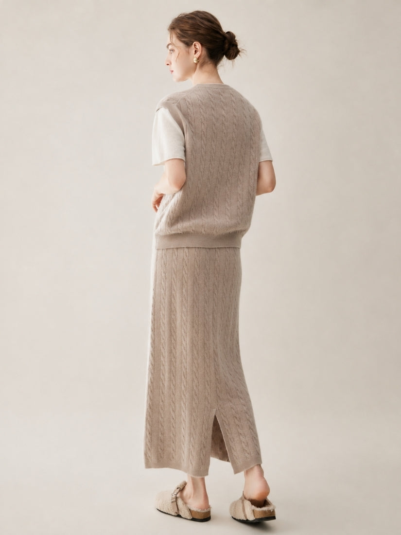 Audenya - Light Camel Cashmere Cable-Knit Set | The Cashmere Studio