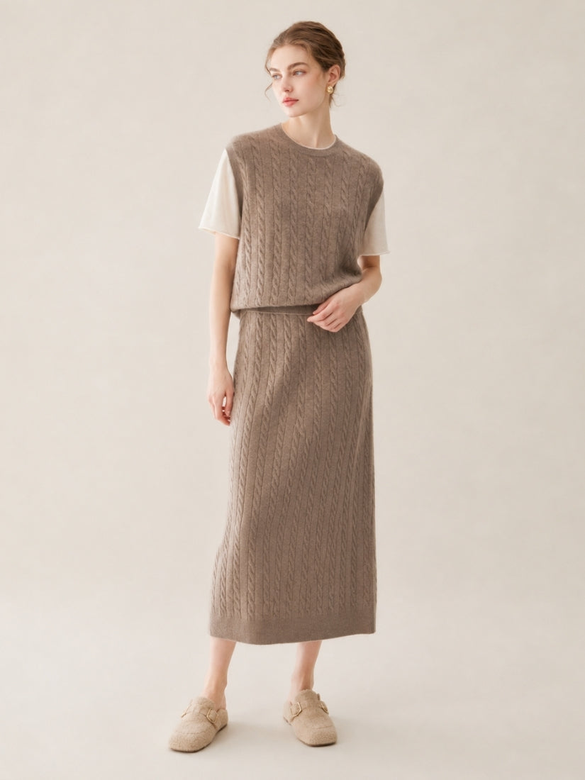 Audenya - Taupe Cashmere Cable-Knit Set | The Cashmere Studio