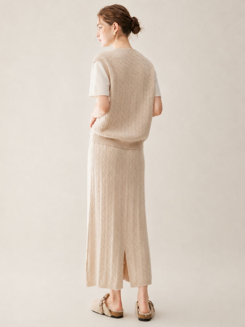 Audenya - Beige Cashmere Cable-Knit Set | The Cashmere Studio