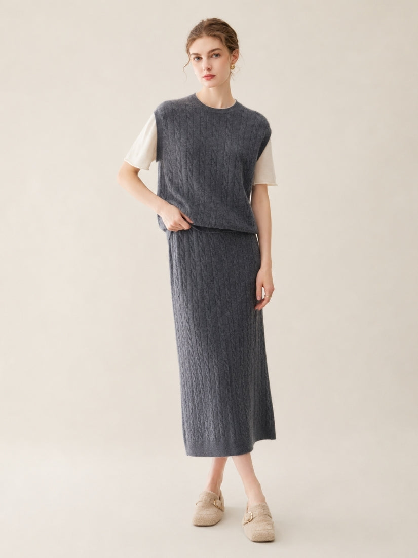 Audenya - Dark Gray Cashmere Cable-Knit Set | The Cashmere Studio