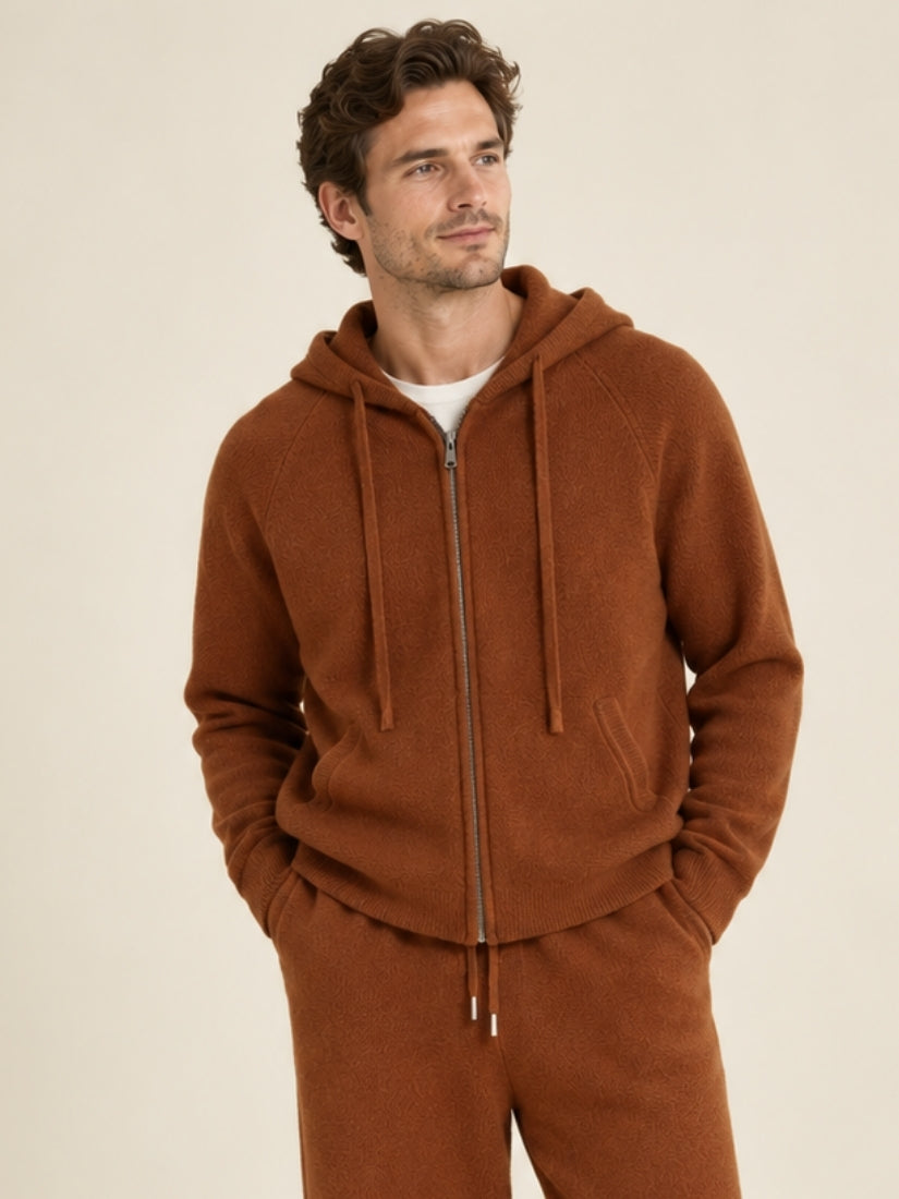 Aurian — Dark Caramel Zip-Up Cashmere Hoodie Cardigan | The Cashmere Studio