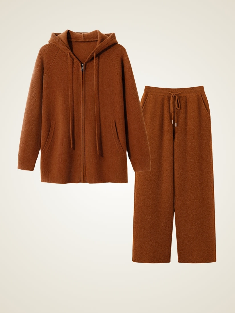 Aurian — Dark Caramel Cashmere Hoodie & Wide-Leg Pants Set | The Cashmere Studio