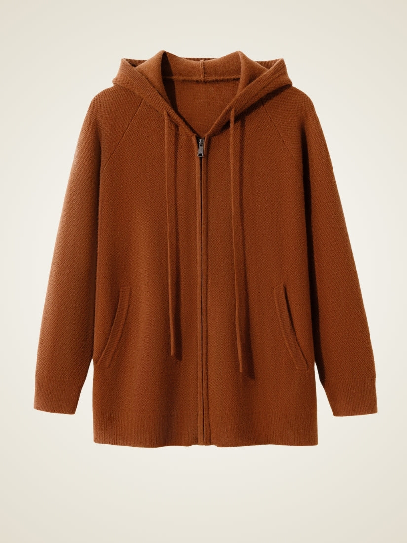 Aurian — Dark Caramel Zip-Up Cashmere Hoodie Cardigan | The Cashmere Studio