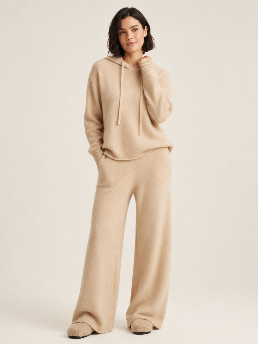 Avienna — Beige Cashmere Hoodie & Wide-Leg Pants Set | The Cashmere Studio