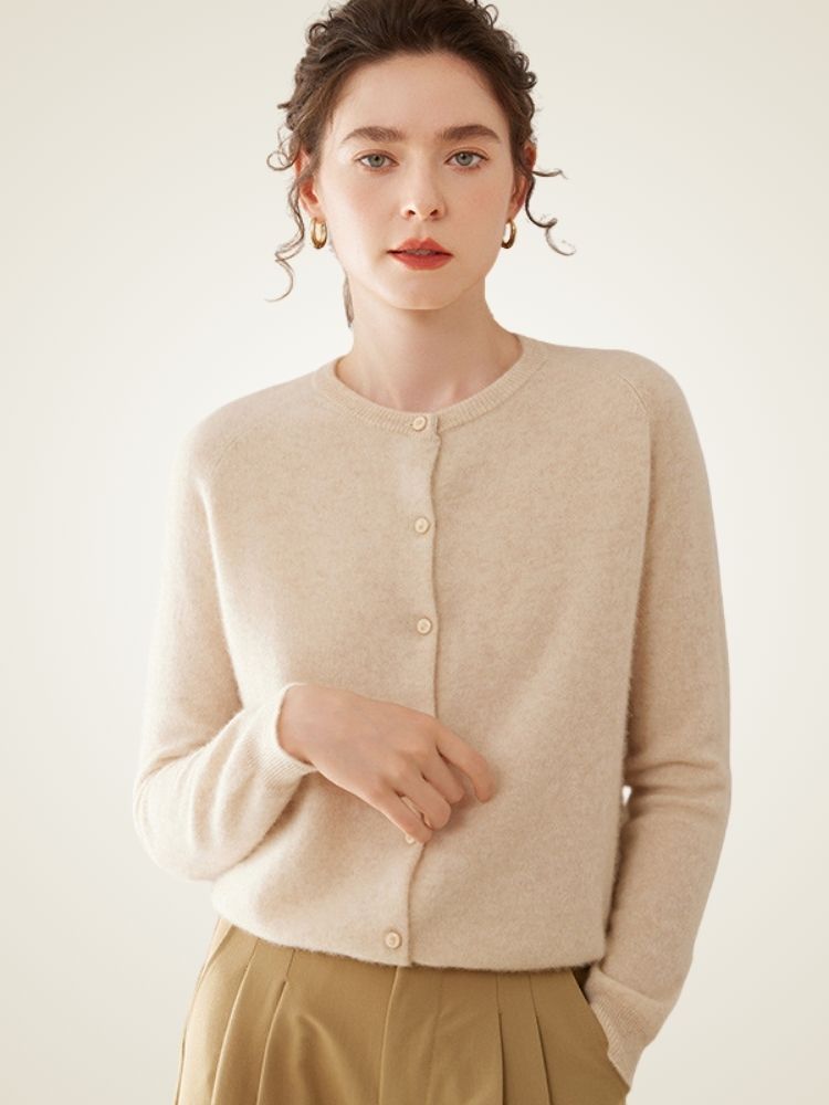 Dana - Beige Classic Pure Cashmere Cardigan | The Cashmere Studio