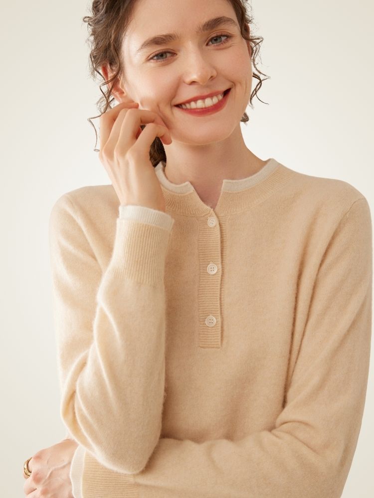 Zephara - Beige Classic Cashmere Henley Sweater | The Cashmere Studio