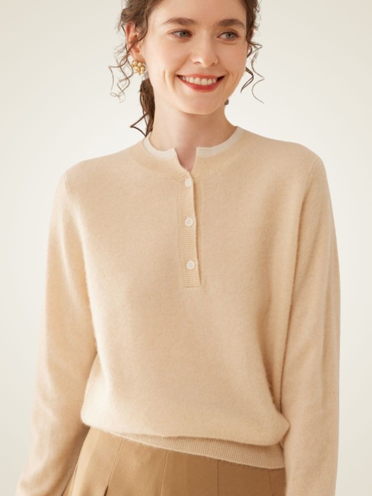 Zephara - Beige Classic Cashmere Henley Sweater | The Cashmere Studio