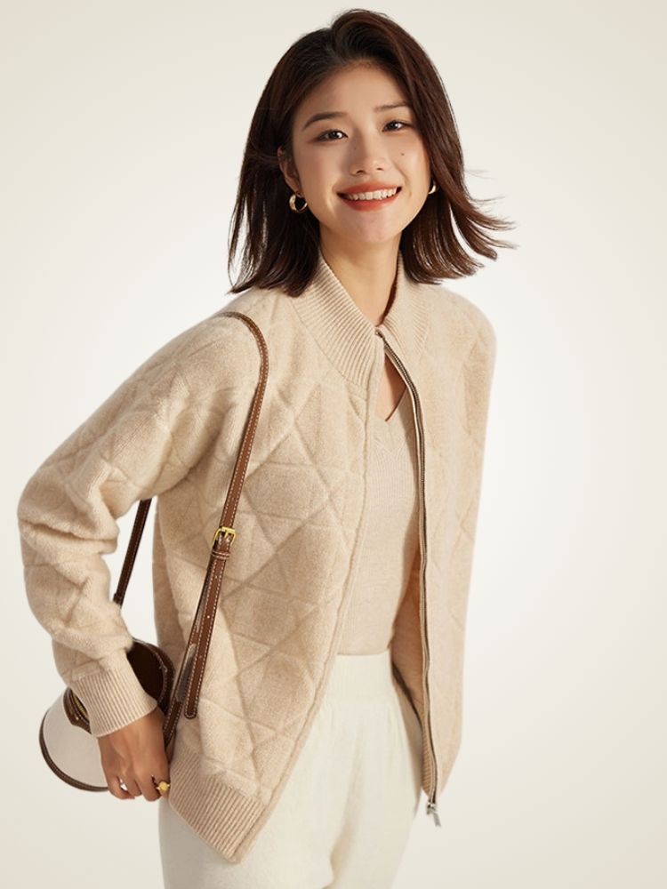 Nya - Beige Zip-Up Cashmere Jacket | The Cashmere Studio