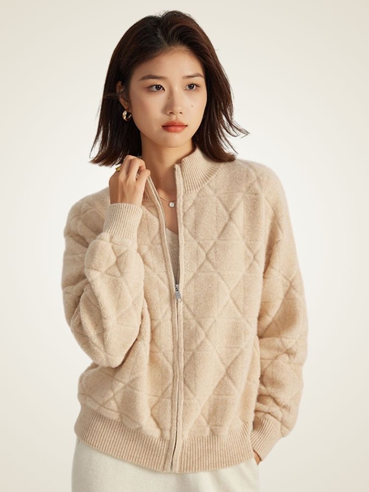 Nya - Beige Zip-Up Cashmere Jacket | The Cashmere Studio