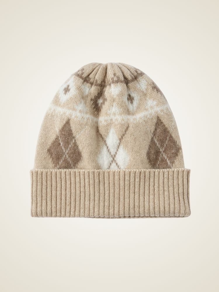 Janina - Beige Argyle Cashmere Beanie | The Cashmere Studio