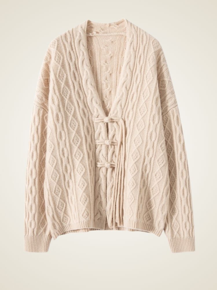 Azelis - Beige Cable-Knit Cashmere Cardigan | The Cashmere Studio