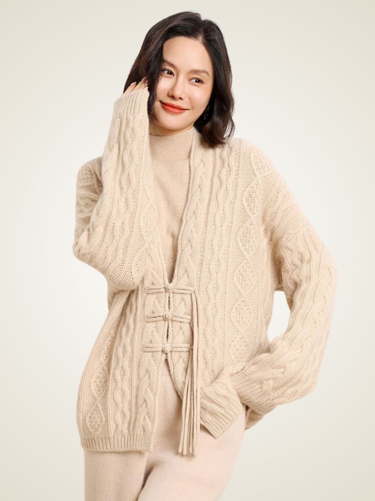 Azelis - Beige Cable-Knit Cashmere Cardigan | The Cashmere Studio