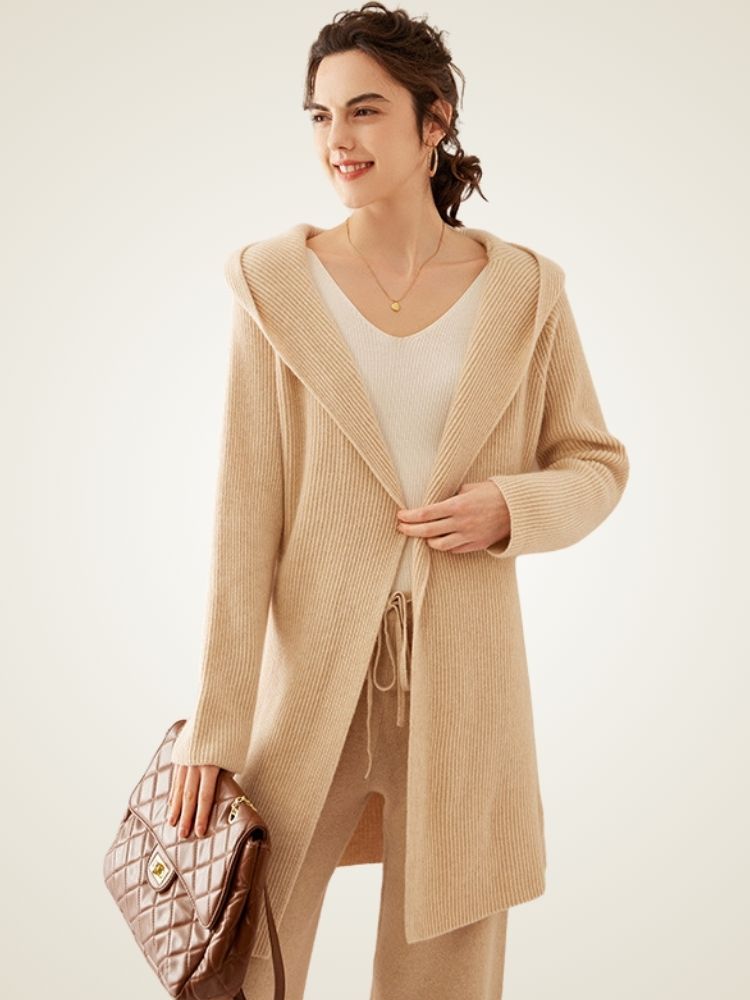 Alura - Beige Long Cashmere Cardigan | The Cashmere Studio