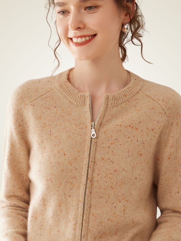 Univa - Beige Heather Zip-Up Cashmere Cardigan | The Cashmere Studio