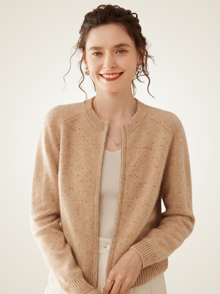Univa - Beige Heather Zip-Up Cashmere Cardigan | The Cashmere Studio