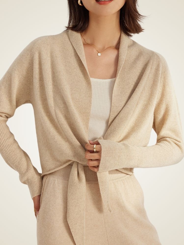 Abilene - Beige Tie-Waist Cashmere Wrap Cardigan | The Cashmere Studio
