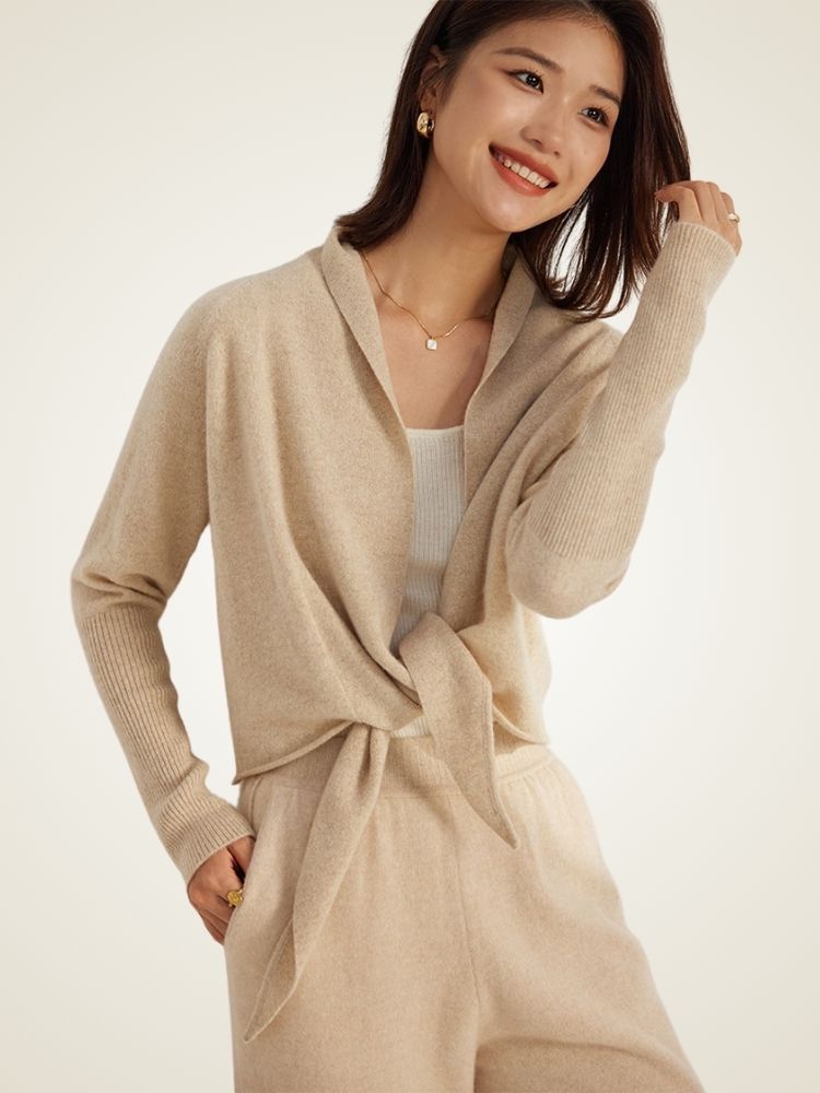 Abilene - Beige Tie-Waist Cashmere Wrap Cardigan | The Cashmere Studio