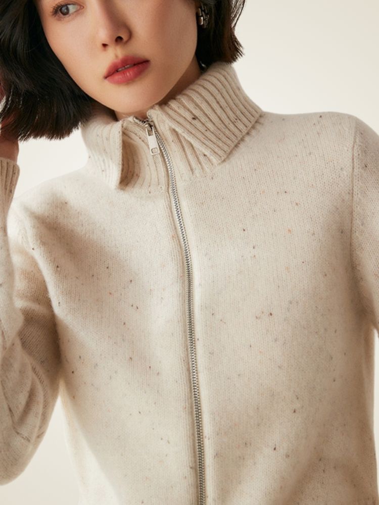 Levana - Beige Heather Polo Collar Cashmere Cardigan | The Cashmere Studio