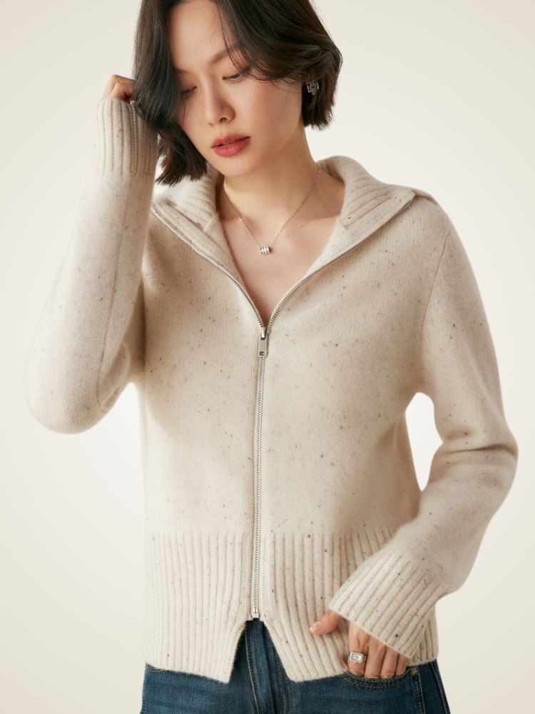 Levana - Beige Heather Polo Collar Cashmere Cardigan | The Cashmere Studio