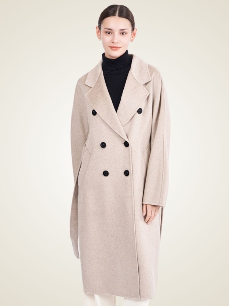 Ayana - Beige Double-Breasted Cashmere Coat | The Cashmere Studio