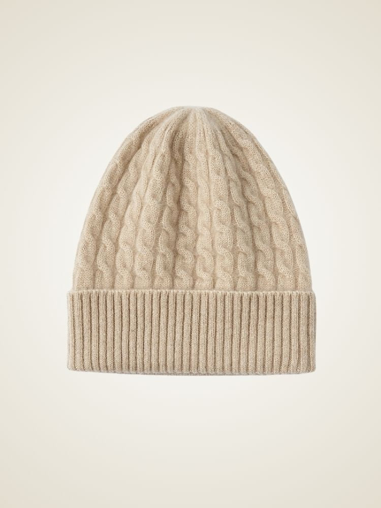 Kiah - Beige Cable-Knit Cashmere Hat | The Cashmere Studio