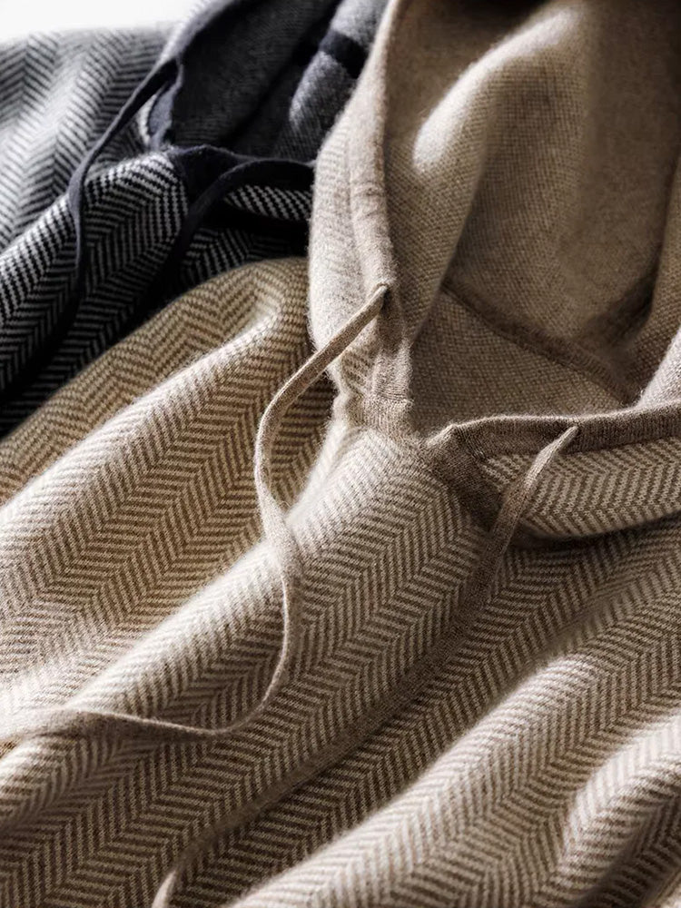 Haley - Beige Herringbone Cashmere Hoodie | The Cashmere Studio