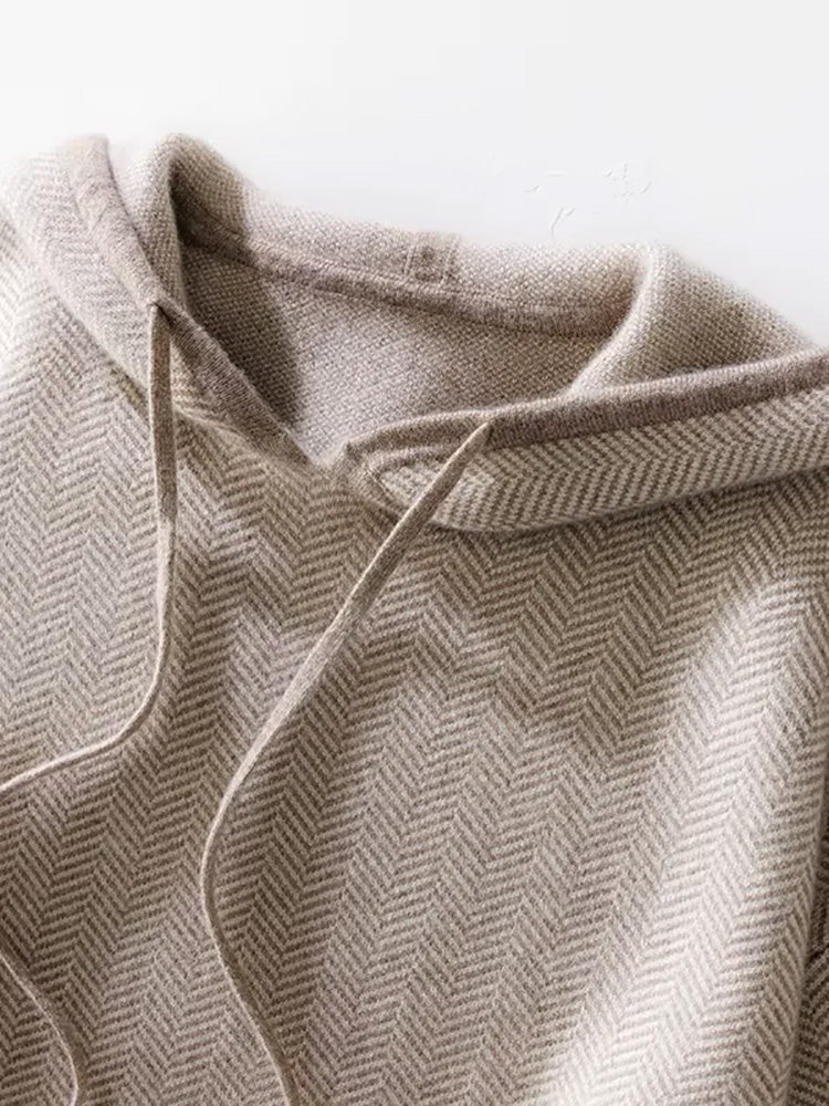 Haley - Beige Herringbone Cashmere Hoodie | The Cashmere Studio