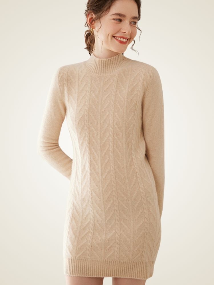 Sandrine - Beige Cable Knit Cashmere Midi Dress | The Cashmere Studio