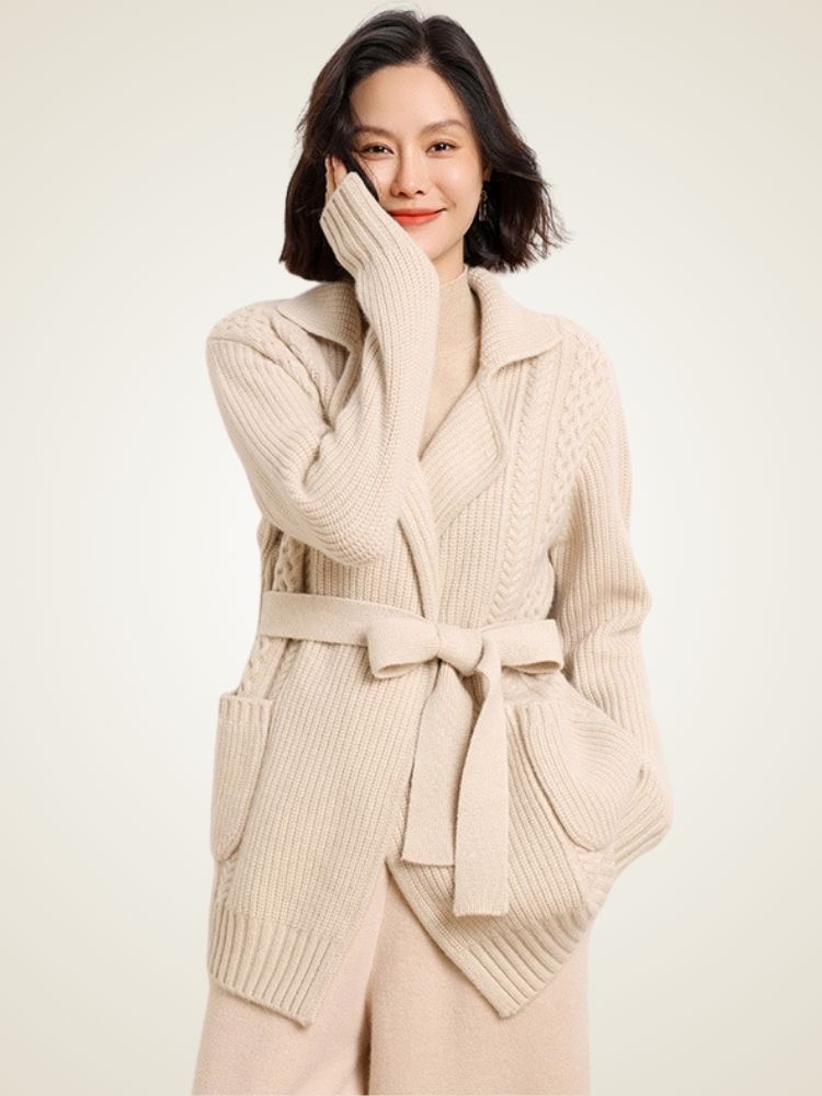 Elda - Beige Belted Cashmere Cardigan | The Cashmere Studio