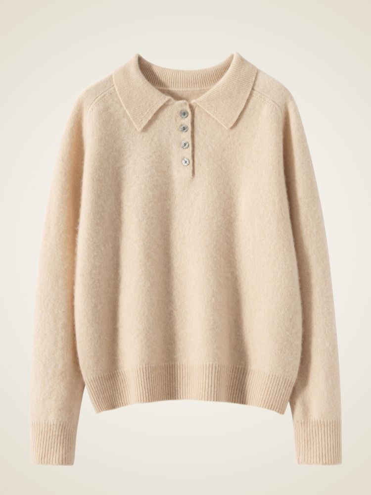 Estelara - Beige Cashmere Polo Sweater |  The Cashmere Studio