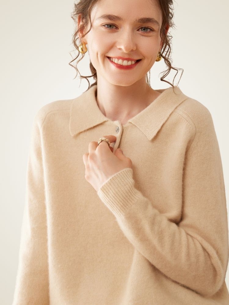 Estelara - Beige Cashmere Polo Sweater |  The Cashmere Studio