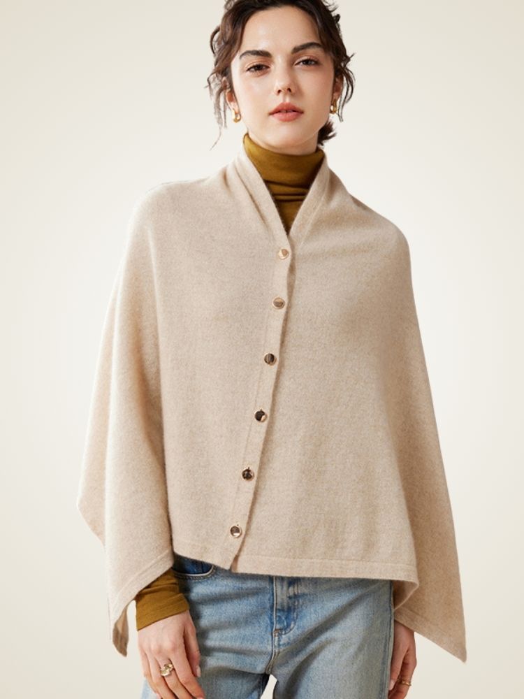 Asta - Beige Buttoned Cashmere Poncho | The Cashmere Studio