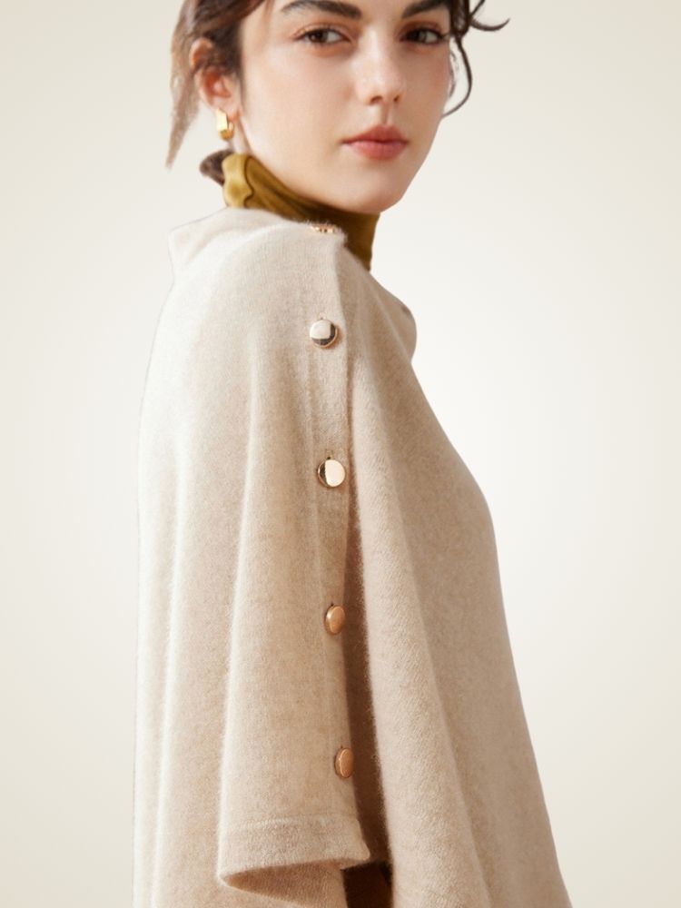 Asta - Beige Buttoned Cashmere Poncho | The Cashmere Studio