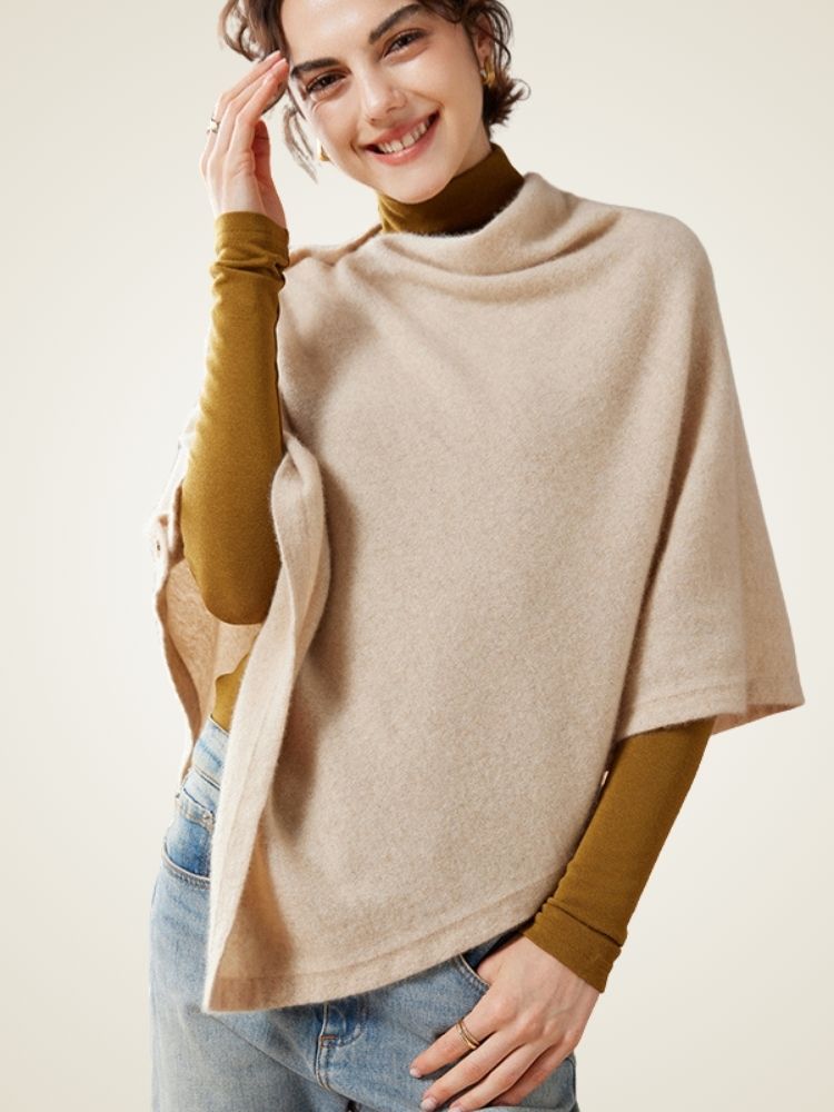 Asta - Beige Buttoned Cashmere Poncho | The Cashmere Studio