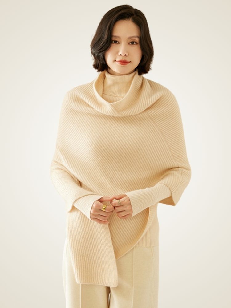 Ellina - Beige Ribbed Cashmere Poncho | The Cashmere Studio