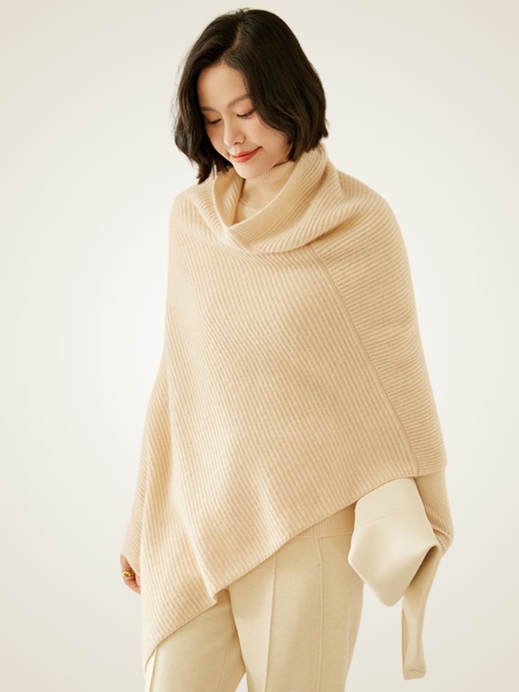Ellina - Beige Ribbed Cashmere Poncho | The Cashmere Studio