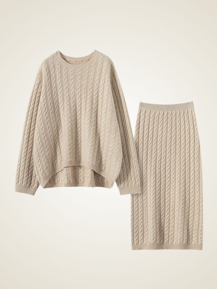 Natalina - Beige Cable-Knit Cashmere Set | The Cashmere Studio