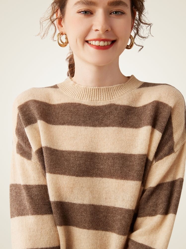 Olaria - Beige Striped Cashmere Crewneck | The Cashmere Studio