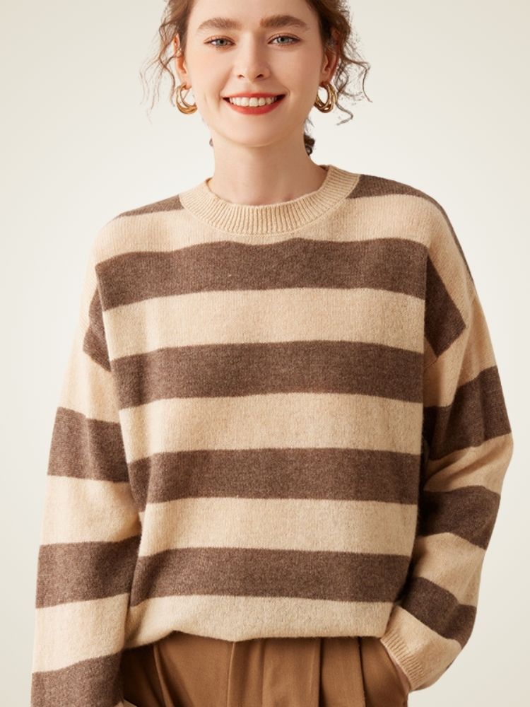 Olaria - Beige Striped Cashmere Crewneck | The Cashmere Studio