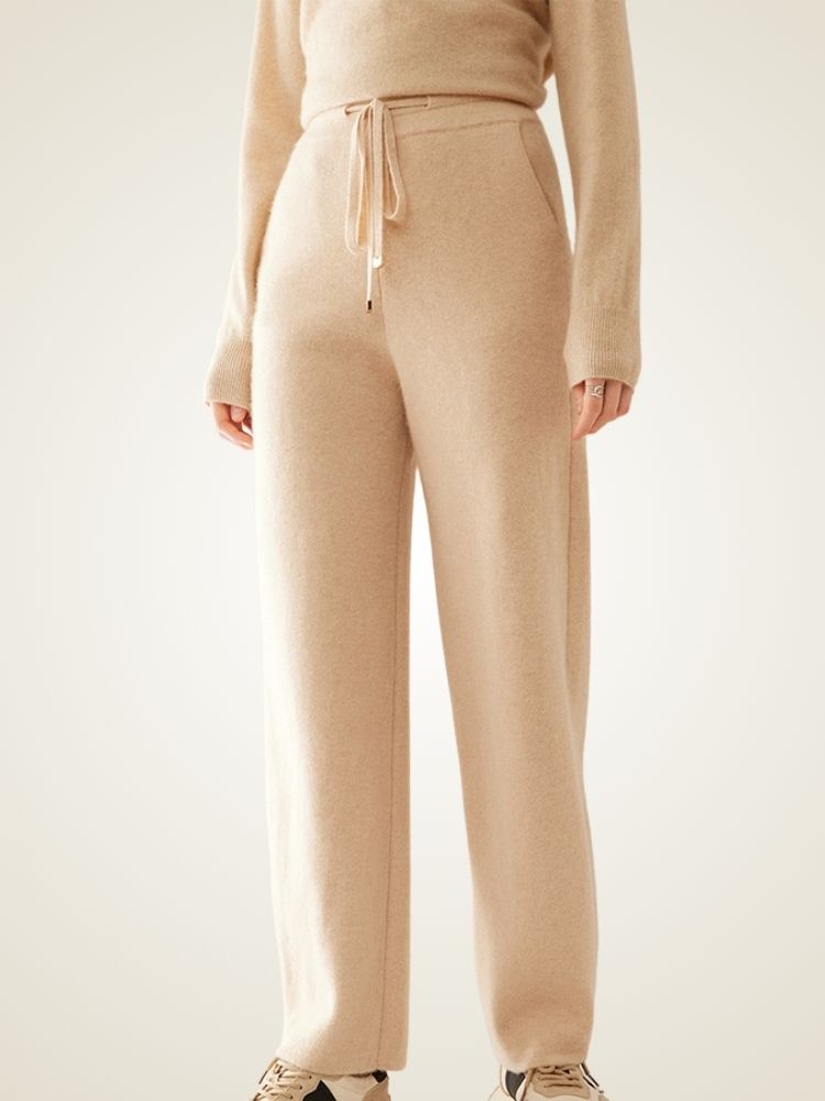 Brienna - Beige High Waist Cashmere Pants | The Cashmere Studio