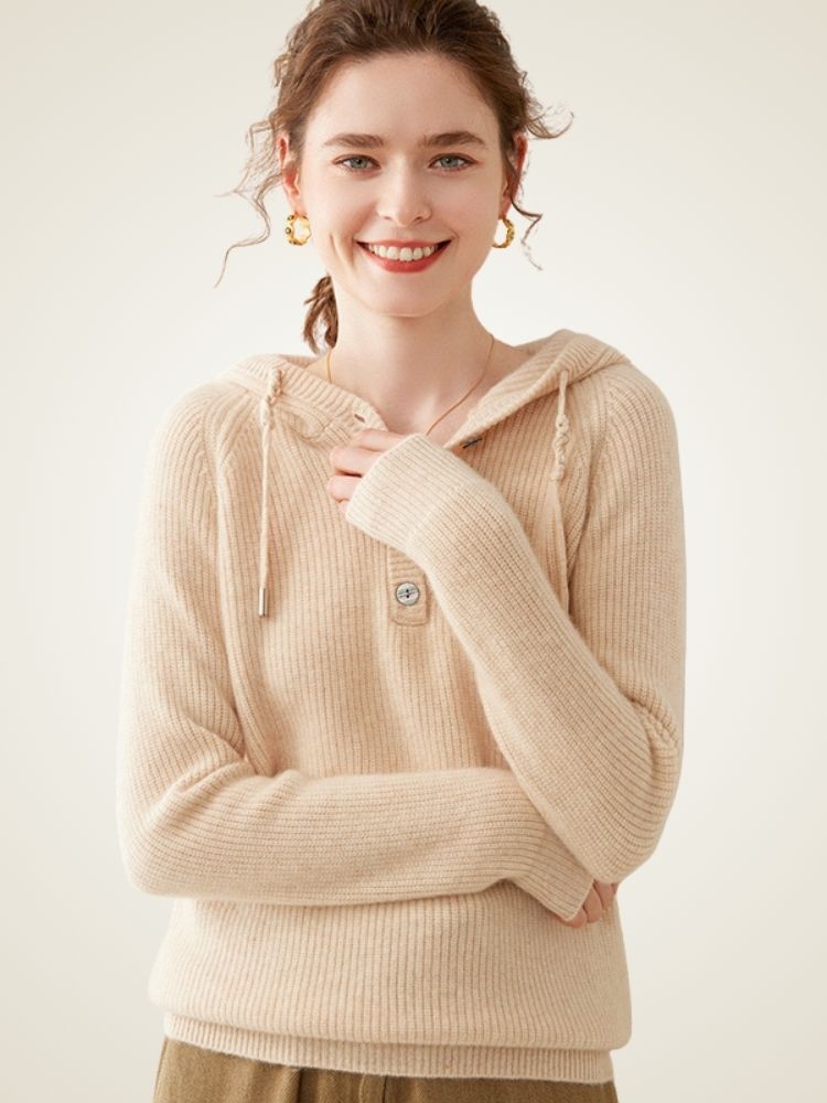 Analina - Beige Buttoned Cashmere Hoodie | The Cashmere Studio