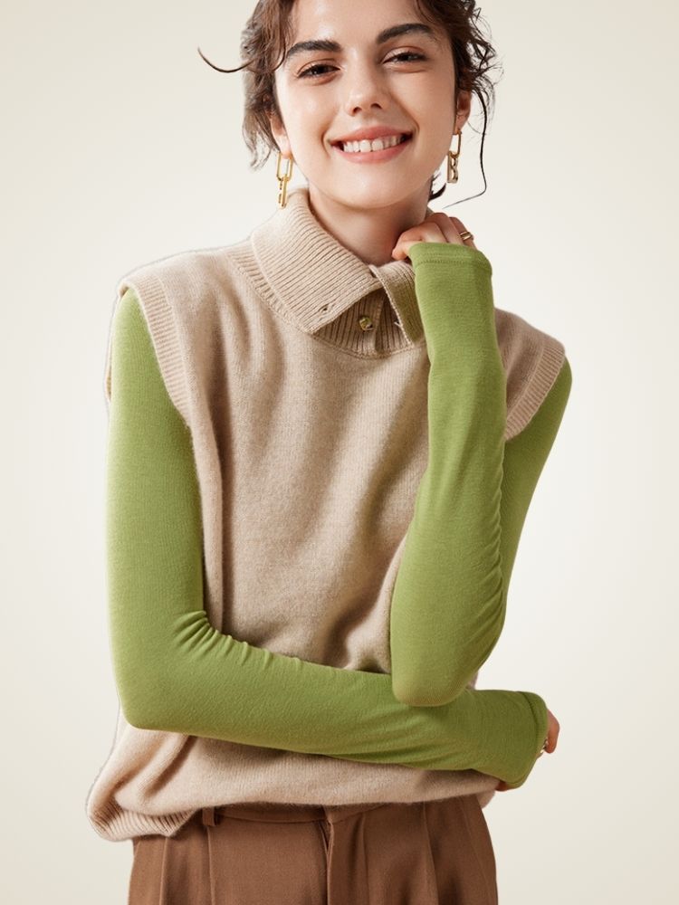 Isela - Beige Cashmere Collared Vest | The Cashmere Studio