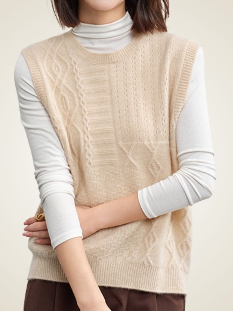 Alessia - Beige Round Neck Sweater Vest | The Cashmere Studio